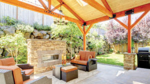 Backyard fire place with seating area