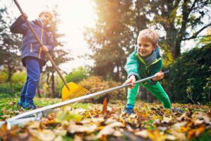 Boys raking autumn leaves