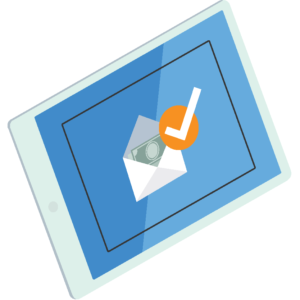 Icon of a mobile tablet with an envelope on the screen filled with money and an orange check mark