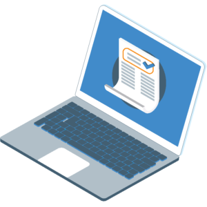 Icon of laptop with a piece of paper on the screen that has columns of text and a check box
