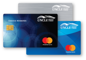 UNCLE MC Plastic UNCLE Credit Union Mastercard plastic card image of credit, debit and platinum cards stacked on top of each other