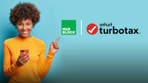 Happy woman pointing at tax service logos