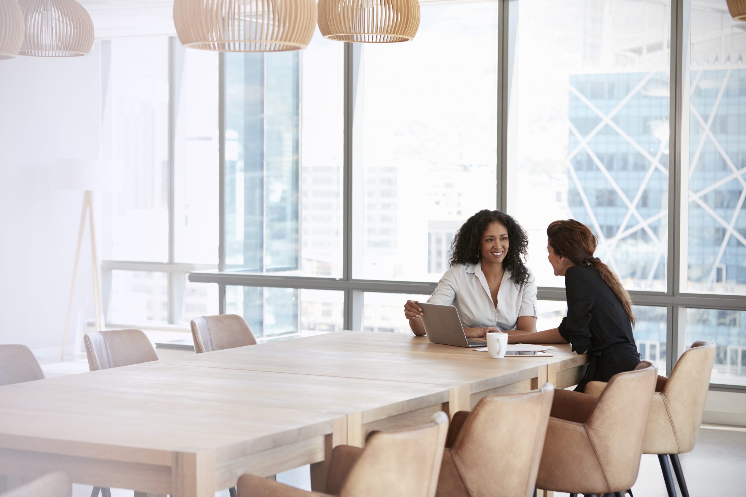 Two Businesswomen Using Laptop In Boardroom Meeting Two Businesswomen Using Laptop In Boardroom Meeting