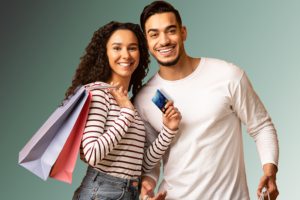 Couple shopping and showing credit card