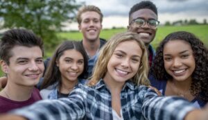 A group of six teenagers smile at the camera as if they are taking a selfie.