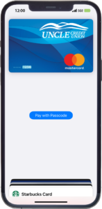 Digital Wallet debit card shown on an iPhone 12, ready to make a payment.