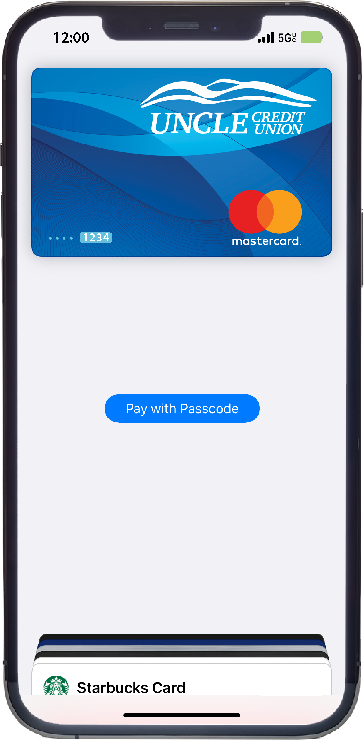 Digital Wallet debit card shown on an iPhone 12, ready to make a payment.