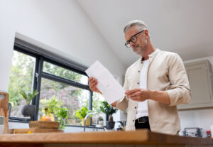 Man At Home Reading One Of His Utility Bills