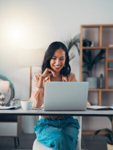 Working From Home On Laptop, Freelance Blogger And Entrepreneur Thinking, Planning And Reading Blog Post Or Story Vision. Smiling, Ambitious Or Motivated Writer Watching Online Webinar On Technology