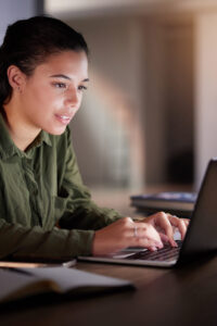 Night, Business And Woman With Laptop, Typing And Digital Planning For New Project, Data Analysis And Focus. Female Employee, Entrepreneur And Consultant With Device, Technology And Search Online