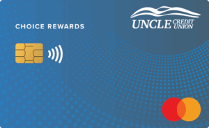 UNCLE Mastercard Choice Rewards Credit Card. A blue card with subtle white dots circulating around the logo