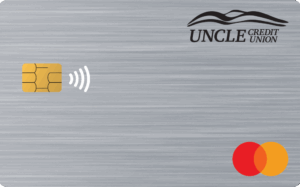 UNCLE Mastercard Platinum Credit Card. Gray slate card with movement horizontally across with stripes.