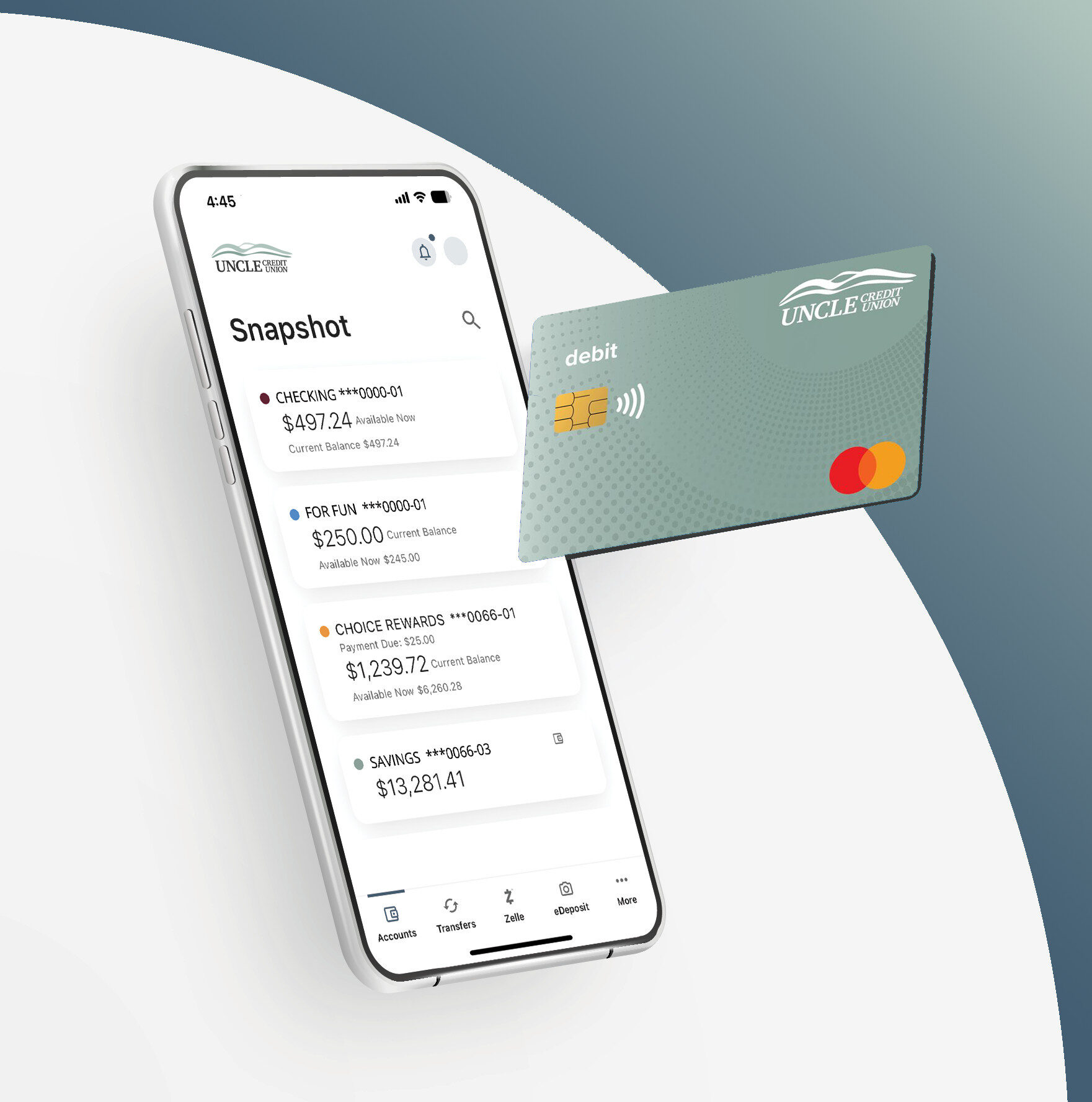 Phone with mobile banking on screen and debit card next to phone