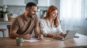 Loving couple working together on documents at their home office