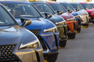 SUVs lined up at car dealership