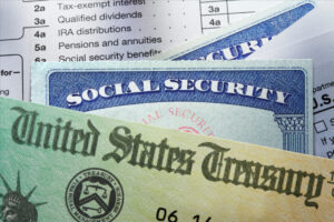 Social Security Card overlaid with United States Treasury Check and checklists